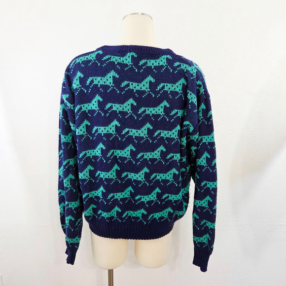 Vintage 80s horse sweater navy blue mint green running horses equestrian size 38 - Picture 2 of 7